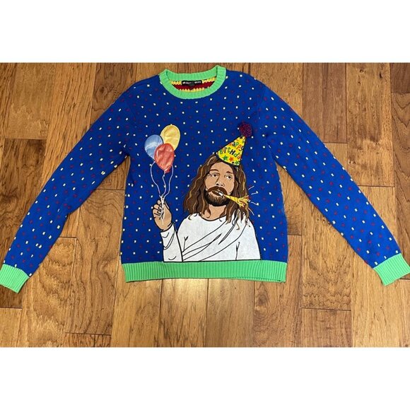 Happy Birthday Jesus Ugly Christmas Sweater Size S Wearing Party Hat Colorful - Picture 2 of 6